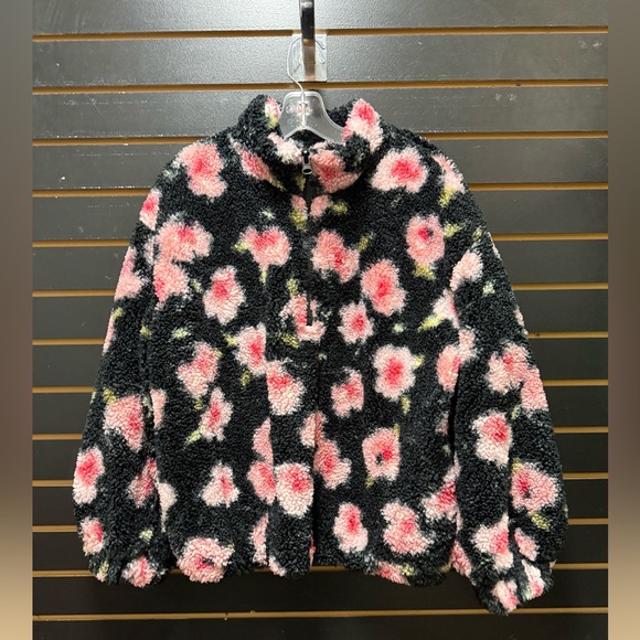 Sandy Liang Jackets & Blazers - Sandy Liang Floral Sherpa Fleece Jacket Size L Half Zip Cozy Pullover